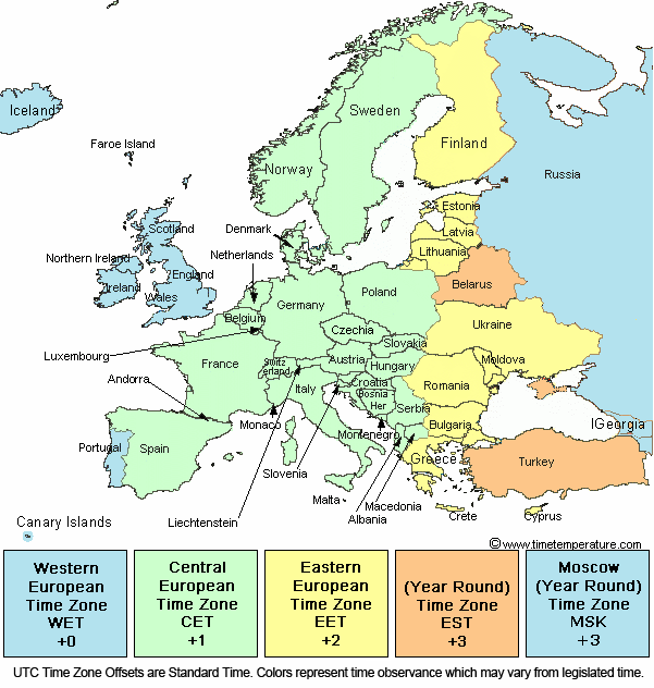 European Time Zone Map Europe Time Zone Map